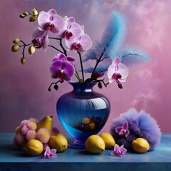 Vibrant orchids in glass vases, accented by lemons and colorful beads. Soft pastel gradient enhances artistic composition. Suitable for floral, home decor, or lifestyle concepts.