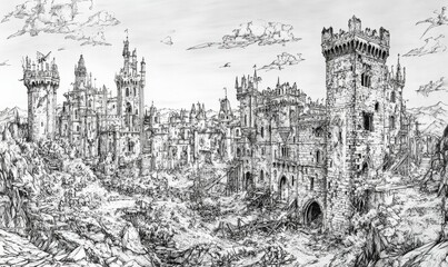 Fine pen and ink drawing of a sprawling medieval castle, meticulously detailed with cross-hatching and intricate line work,