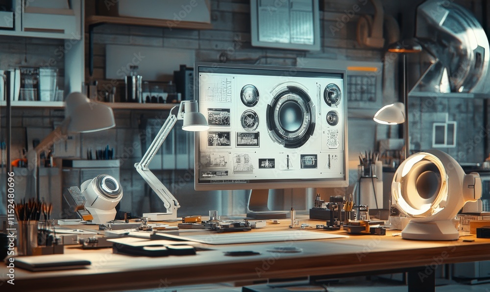 Poster designers prototyping futuristic gadgets in a dynamic workspace, bright lighting highlighting tools 