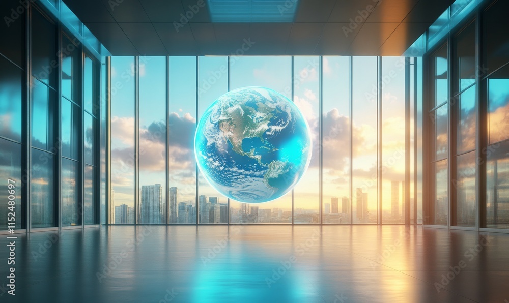 Aufkleber floating holographic globe with real-time climate data displayed in a sleek futuristic control room.