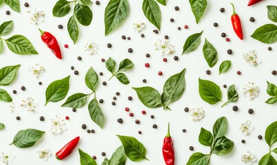 Flat lay composition of red chili peppers with green leaves, black peppercorns, and small white flowers on a white background. Food and culinary concept.