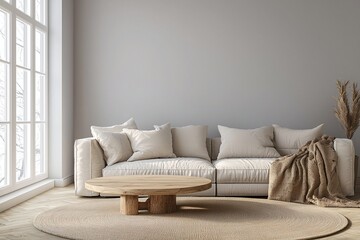 Minimalist, modern Scandinavian interior design in the living room with light grey finished walls and sofas and tables. Generative AI
