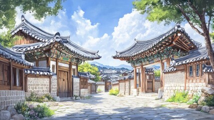 Fototapeta premium Sunny day in a traditional Korean village with stone streets and wooden houses.