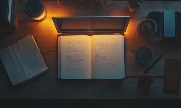 Flat lay of an open notebook with handwritten coaching notes, a glowing laptop, and motivational quote cards.
