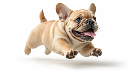 Obraz premium Full length shot of beige bulldog running and jumping isolated on white background
