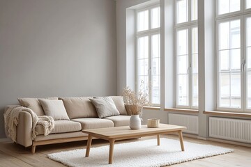 Minimalist, modern Scandinavian interior design in the living room with light gray walls and beige sofas. Generative AI
