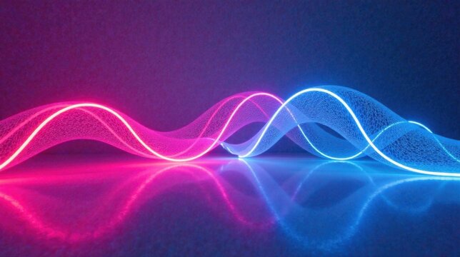 Abstract glowing wave forms with vibrant pink and blue neon light trails reflecting on a dark surface