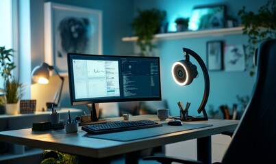 Detailed workspace of a virtual coach: dual monitors, webcam, ring light, and an open planner filled with notes.