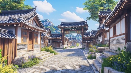 Fototapeta premium Sunny day in a traditional Korean village with stone road, houses, arch, and mountains.