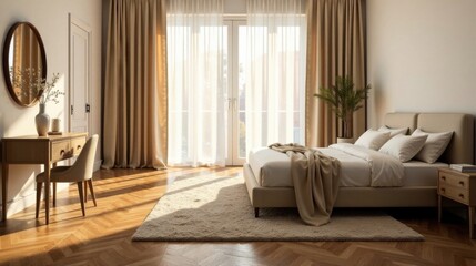 Serene Bedroom Interior Design with Natural Light Streaming Through Sheer Curtains and Wooden Flooring