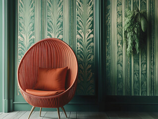 Gros plan d'un séjour art déco avec un beau papier peint vert et un fauteuil coque pour une décoration de salon soignée et chic