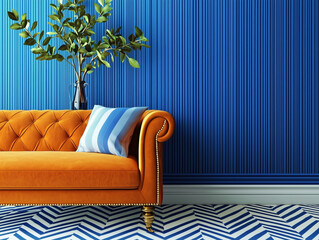 Gros plan d'un séjour art déco avec un beau papier peint bleu et un sofa orange pour une décoration de salon soignée et chic