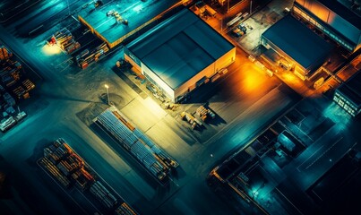 From above at night, a warehouse in the industrial district of the city, filled with products for online shopping.