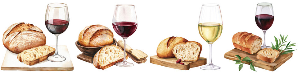 National Drink Wine Day and wine event, An assortment of breads paired with red and white wine in elegant glasses, showcasing a delightful culinary experience.
