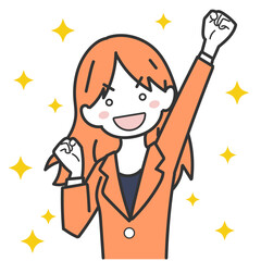 ガッツポーズで手を挙げるスーツの女性