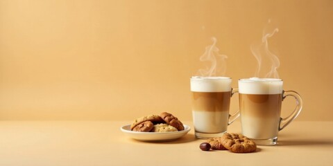 Two steaming cups of layered coffee with a plate of sweet baked treats on a warm-toned surface