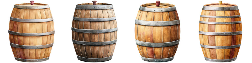 Fototapeta premium National Drink Wine Day and wine event, A series of wooden barrels showcasing various designs and textures, highlighting their craftsmanship and age.