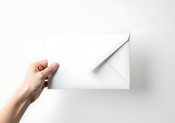 single hand grasps white envelope plain white backdrop stark photographic