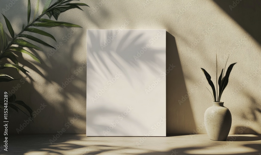 Poster empty canvas or poster leaning against a wall with shadows of leaves and a vase in a minimalistic se