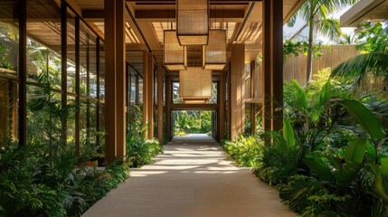 Fototapeta premium Sunlit walkway in a lush tropical resort.