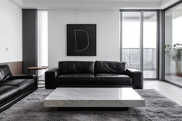 Minimalist, mid century modern interior design in the living room with white walls and art frames visible and black leather sofa. Generative AI
