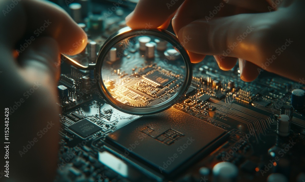 Poster engineers hands assembling microchips on a circuit board under a magnifying glass, fine details of s