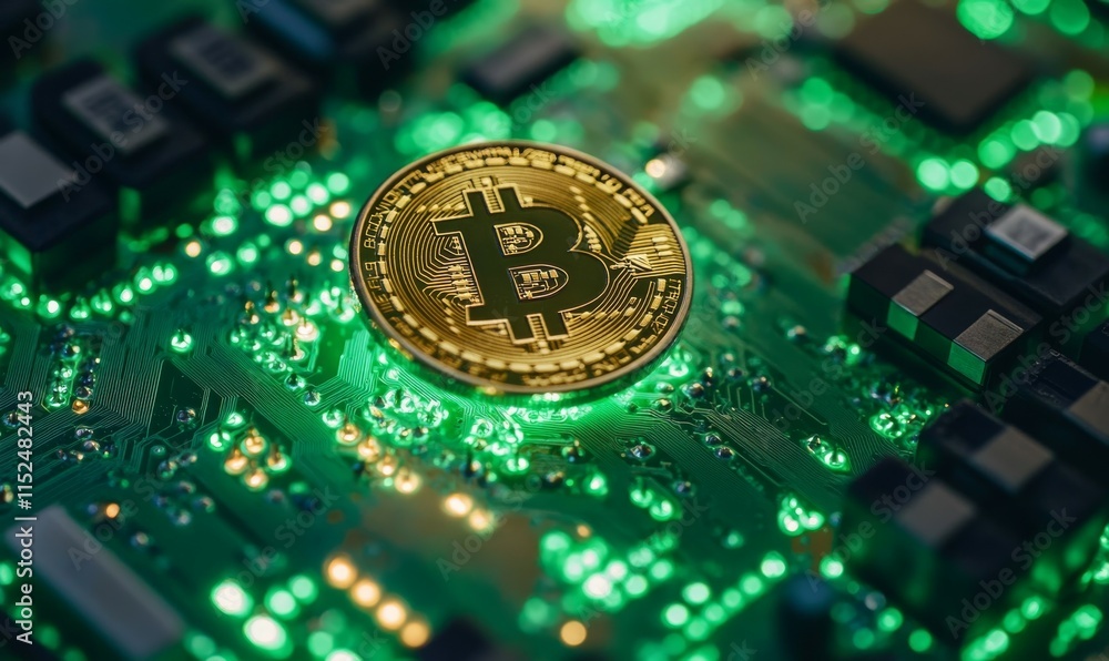 Poster golden bitcoin coin on glowing green circuit board. cryptocurrency and blockchain technology concept