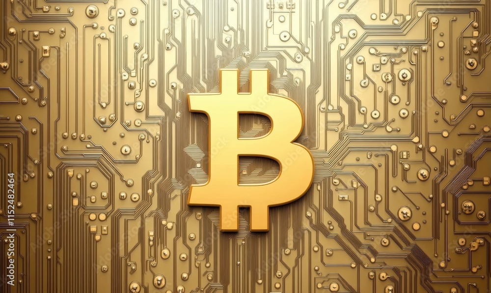 Aufkleber golden bitcoin symbol on digital circuit board background. cryptocurrency and blockchain technology 