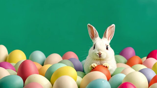 Cute Easter bunny with colorful eggs. Easter holiday decorations, Easter concept background.