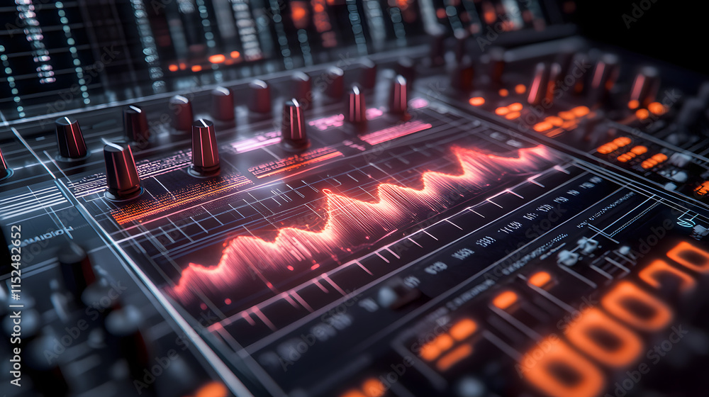 Poster close-up of a futuristic music synthesizer with glowing orange and red digital waveform display. kno