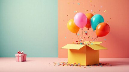 Joyful Celebration Colorful Balloons Bursting from a Gift Box with Festive Confetti