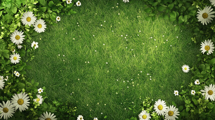 Malownicze pole pokryte stokrotkami i soczyście zieloną trawą, uchwycone z g&oacute;ry, idealne na letni projekt z miejscem na treści promocyjne.