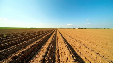 Vast agricultural field prepared for planting, showing parallel furrows in rich brown soil under a clear blue sky, promising a bountiful harvest.