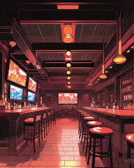 Illustration of a night club interior with bar counter and chairs.