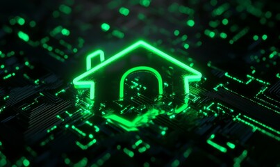 Green neon light home icon. Vibrant colored Internet technology symbol, on a black background with high tech floor. 3D Render
