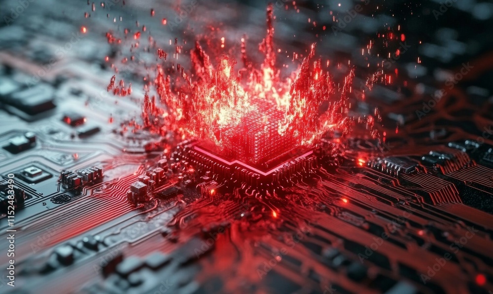 Poster exploding red microchip on a futuristic circuit board, technological innovation concept