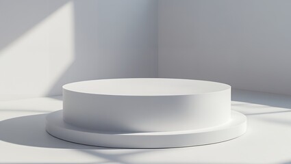 Minimalist White Room with Cylinder Pedestal and Leaf Shadow for Product Display Showcase



