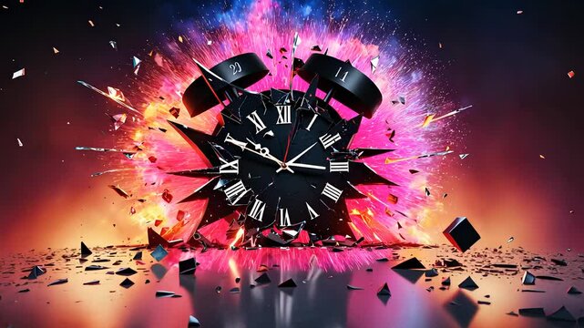 Explosive Alarm Clock with Vibrant Colorful Burst and Shattered Pieces in a Dynamic Abstract Design

