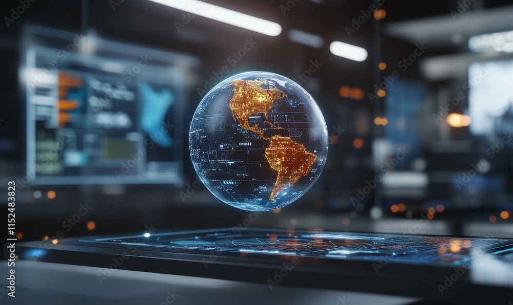 Poster floating holographic globe with real-time climate data displayed in a sleek futuristic control room.