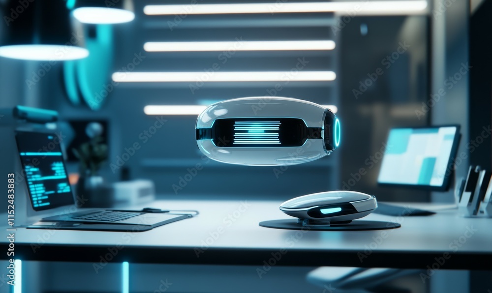 Poster floating robotic assistant with glowing ai core and seamless design, hovering beside a futuristic wo
