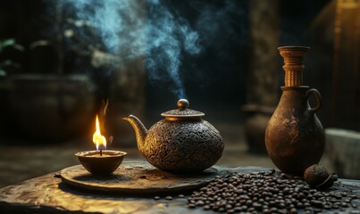 Ethiopian coffee ceremony setup with a jebena pot, incense burning and beans freshly roasted, rich tones and textures.