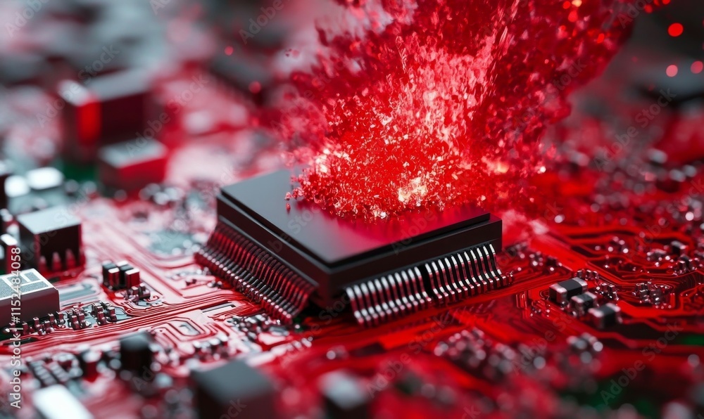 Poster exploding red microchip on a futuristic circuit board, technological innovation concept