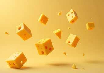 cubic pieces cheese flying air cut different shapes