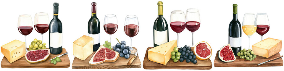 National Drink Wine Day and wine event, A collection of wine bottles, glasses, and an assortment of cheeses and fruits displayed elegantly.