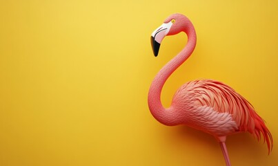 Obraz premium Floating pink flamingo against an empty yellow wall background 3D render, 3D illustration