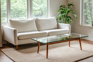 Minimalist, mid century modern interior design in the living room of a house with windows visible and white sofa and table. Generative AI
