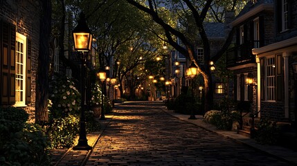 Fototapeta premium Cobblestone Street Evening Scene Illuminated By Gas Lamps