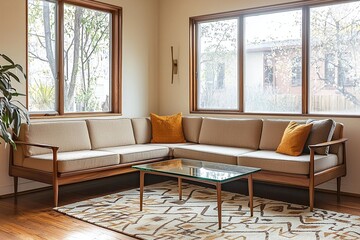 Fototapeta premium Minimalist, mid century modern interior design in the living room with beige sofas and tables. Generative AI 