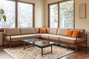 Fototapeta premium Minimalist, mid century modern interior design in the living room with beige sofas and tables. Generative AI 
