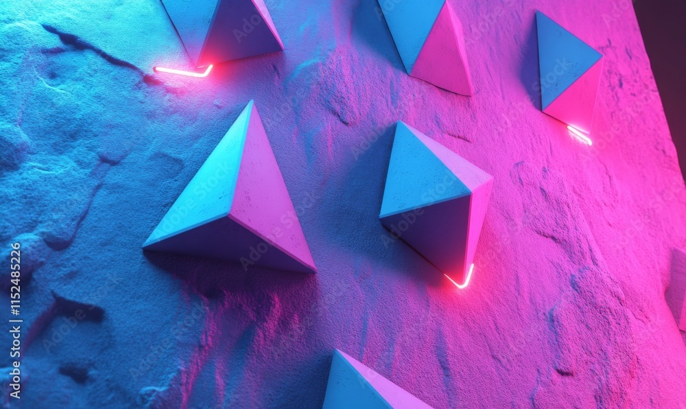 Poster illuminated, blue and pink three-dimensional surface with triangular pyramids. high tech, neon 3d ba